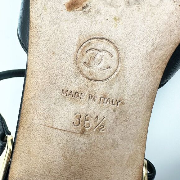 CHANEL Black CC Logo Mary Jane Ballet Flat Size 36.5 Leather Cap Pointed Toe - Picture 14 of 15